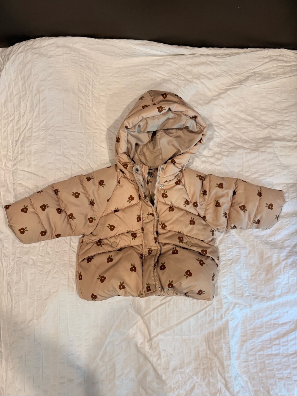 Zara Beige Hooded Puffer Jacket with Brown Floral Motif